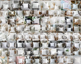 May include: A collage of images featuring white throw pillows in various settings, including living rooms, bedrooms, and outdoor spaces. The pillows are arranged in different patterns and configurations, showcasing their versatility and potential for home decor.
