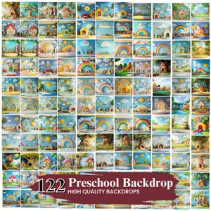 Puede incluir: Una colección de 122 fondos de preescolar con varias escenas caprichosas. Cada fondo muestra un diseño diferente, incluyendo arcoíris, casas, árboles y elementos de juegos, todo sobre un cielo azul con nubes. El texto "Preschool Backdrop" está visible.