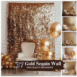 May include: A gold sequin backdrop with a white chair and gold balloons. The backdrop is perfect for parties, weddings, and other special events. 37 Gold Sequin Wall HIGH QUALITY BACKDROPS