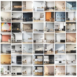 May include: A collage of 36 images showcasing various kitchen designs. Each image features a different kitchen layout, colour scheme, and style, including modern, minimalist, and traditional kitchens. The images depict various kitchen elements, such as cabinets, countertops, backsplashes, appliances, and lighting.