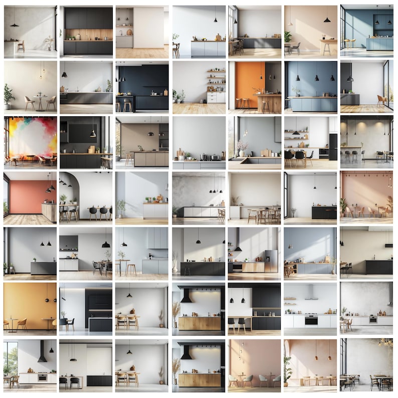 May include: A collage of 36 images showcasing various kitchen designs. Each image features a different kitchen layout, colour scheme, and style, including modern, minimalist, and traditional kitchens. The images depict various kitchen elements, such as cabinets, countertops, backsplashes, appliances, and lighting.