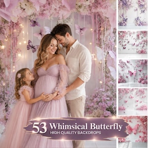 May include: A family stands before a backdrop adorned with pink and purple flowers and butterflies. The backdrop features the text "53 Whimsical Butterfly HIGH QUALITY BACKDROPS". The family consists of a pregnant woman in a lavender dress, a man in a white shirt, and a young girl in a pink dress.
