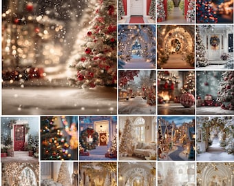 May include: A collage of Christmas-themed images. The images include decorated Christmas trees, snowy landscapes, and festive doorways adorned with wreaths and lights. The color palette is dominated by red, white, and gold.