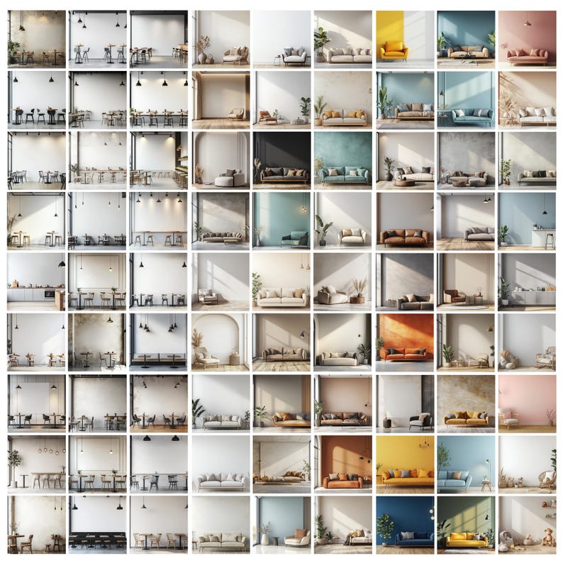 May include: A collage of 36 images showcasing various living room interior design ideas. Each image features a different colour scheme, furniture arrangement, and decorative elements, providing inspiration for home decor.