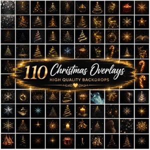 Peut inclure: Une collection de 110 superpositions de Noël et arrière-plans de haute qualité avec des effets de lumière dorée, incluant des sapins, rennes, flocons, boules, sucres d'orge, bougies, cloches et cadeaux sur des fonds sombres.