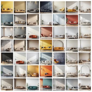 May include: A grid of interior design images showcasing various living room settings. Each scene features a sofa in different colors and styles, with complementary decor and accent pieces. The backgrounds vary in color and texture, creating diverse aesthetic moods.