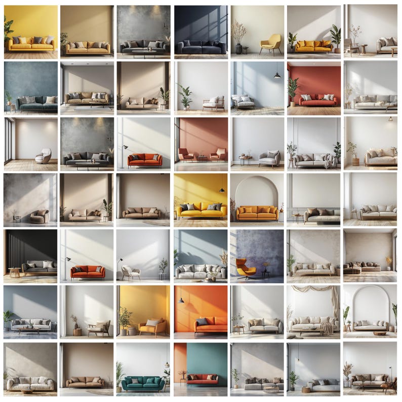 May include: A grid of interior design images showcasing various living room settings. Each scene features a sofa in different colors and styles, with complementary decor and accent pieces. The backgrounds vary in color and texture, creating diverse aesthetic moods.