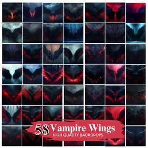 May include: A collection of 58 digital backgrounds featuring various designs of vampire wings. The wings are depicted in shades of black, red, and gray, with different lighting and atmospheric effects. The text "58 Vampire Wings" is displayed on a red banner.