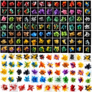 May include: A collection of 100 colourful powder explosions on black and white backgrounds. The powder is in various colours, including red, orange, yellow, green, blue, purple, and pink. The explosions are captured in mid-air, creating a dynamic and artistic effect.