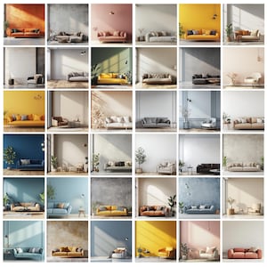 May include: A grid of interior design images showcasing various living room settings. Each scene features a sofa in a different color, set against a backdrop of complementary wall colors and decor. The rooms are styled with plants and minimalist furniture.