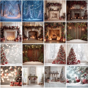 Puede incluir: Una colección de imágenes con temática navideña que presenta árboles de Navidad decorados, chimeneas festivas y escenas de bosques nevados. Las imágenes muestran decoraciones navideñas con acentos rojos y blancos, creando un ambiente cálido.