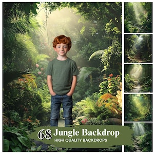 Puede incluir: Una persona joven se encuentra frente a un telón de fondo de jungla verde con un camino que atraviesa el follaje. El telón de fondo presenta un entorno tropical exuberante con la luz del sol que atraviesa los árboles. El texto "68 Jungle Backdrop" y "HIGH QUALITY BACKDROPS" es visible en la parte inferior de la imagen.