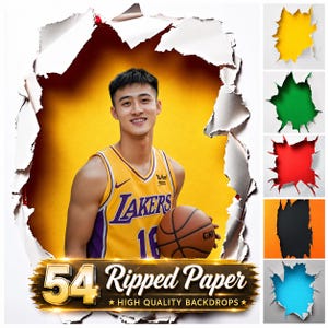 May include: A digital graphic featuring a central cutout effect with torn white paper edges revealing a yellow background. The text 54 Ripped Paper HIGH QUALITY BACKDROPS is displayed at the bottom. Five smaller vertical panels show variations in yellow, green, red, black, and blue.