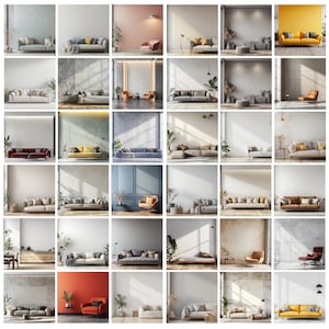 May include: A grid of interior design images showcasing various living room settings. Each image features a sofa, often accompanied by accent chairs, plants, and decorative elements. The color palettes range from neutral tones to vibrant hues, with diverse wall textures and lighting.