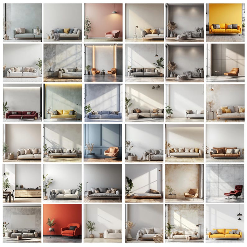 May include: A grid of interior design images showcasing various living room settings. Each image features a sofa, often accompanied by accent chairs, plants, and decorative elements. The color palettes range from neutral tones to vibrant hues, with diverse wall textures and lighting.