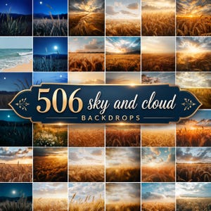 Può includere: Una collezione di 24 immagini di paesaggi con campi di grano, tramonti e cieli notturni. Un banner blu navy con testo dorato recita "506 sky and cloud backdrops."