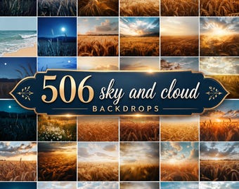 May include: A collection of 24 landscape images featuring wheat fields, sunsets, and night skies. A navy blue banner with gold text reads "506 sky and cloud backdrops."