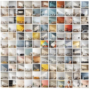May include: A collage of 100 images showcasing various living room interior design ideas. Each image features a different sofa style, colour, and arrangement, along with complementary furniture and decor.