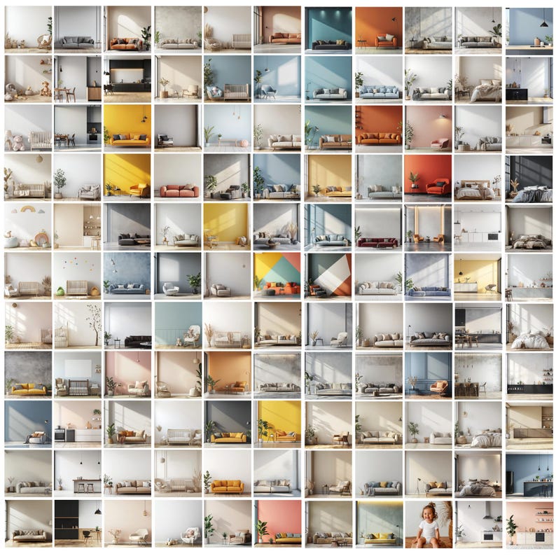 May include: A collage of 100 images showcasing various living room interior design ideas. Each image features a different sofa style, colour, and arrangement, along with complementary furniture and decor.