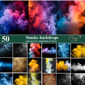 Może przedstawiać: Kolekcja 50 teł dymnych w różnych kolorach, w tym czerwonym, niebieskim, fioletowym i żółtym. Obraz przedstawia różnorodne wirujące wzory dymu na czarnym tle. Tekst na obrazie brzmi "Smoke backdrops" i "High quality, dimension in pixels."