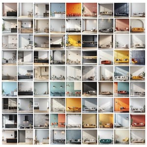 May include: A collage of 36 images showcasing various living room and kitchen interior design ideas. Each image features different furniture, decor, and colour palettes, providing inspiration for home design.
