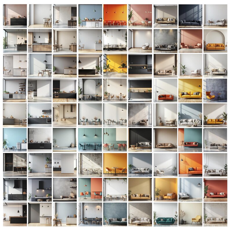 May include: A collage of 36 images showcasing various living room and kitchen interior design ideas. Each image features different furniture, decor, and colour palettes, providing inspiration for home design.