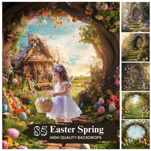 May include: A young girl in a white dress stands in a whimsical spring scene with a basket of colourful Easter eggs. The background features a wooden cottage, blooming flowers, and a tree with a large, hollow trunk. The text "85 Easter Spring High Quality Backdrops" is at the bottom of the image.