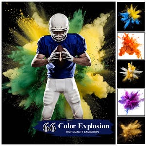 Könnte beinhalten: Ein Footballspieler in einem blauen Trikot und weißen Hosen steht vor einer farbenfrohen Explosion aus gelbem, grünem und orangefarbenem Pulver. Der Text "66 Color Explosion High Quality Backdrops" befindet sich am unteren Rand des Bildes.