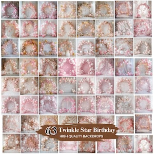 50+ digitala bakgrunder med glittrande stjärnor och rosa ballonger, Cake Smash-bakgrund, bakgrunder för barnfotografistudio, Photoshop-överlägg, födelsedagspresent