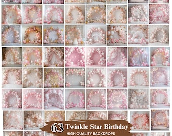 Pink Balloons Digital Backdrop, Twinkle Star Cake Smash Photography Background (Digital Download)