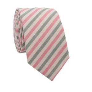 Striped Skinny Tie in Pink and Green Winter Necktie - High Quality, Sharp Style for Weddings and Made from 100% Cotton