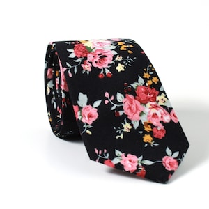 Black and Pink Floral Skinny Necktie – 100% Cotton for Business, Weddings and Casual Wear