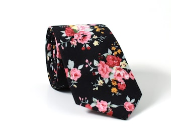 Floral Skinny Tie, Black Skinny Tie, Wedding Tie, Cotton Skinny Tie, Black w/ Pink Floral
