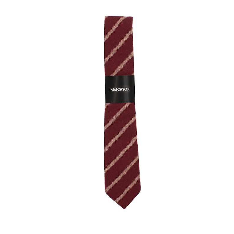 May include: A burgundy and cream striped tie with a black label that says "MATCHSOX".