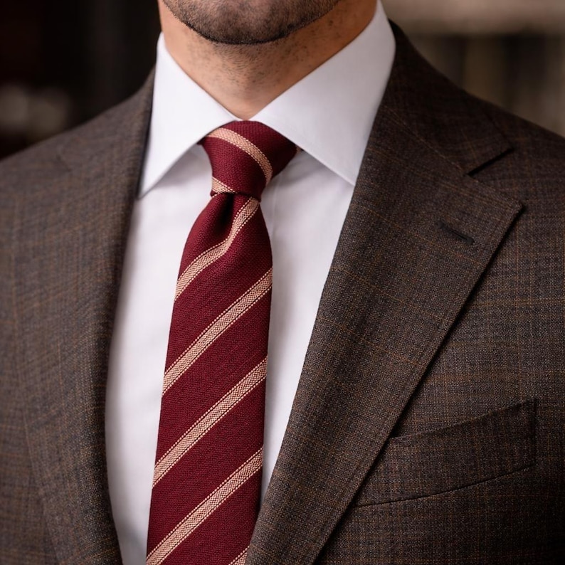 Burgundy and Tan Striped Tie – Limited Edition Cotton Necktie image 2