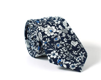 Skinny Floral Tie, Navy, White Floral, Gift, Necktie, Wedding Tie