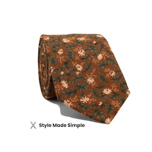 Brown and Green Floral Skinny Necktie with Matching Pocket Square