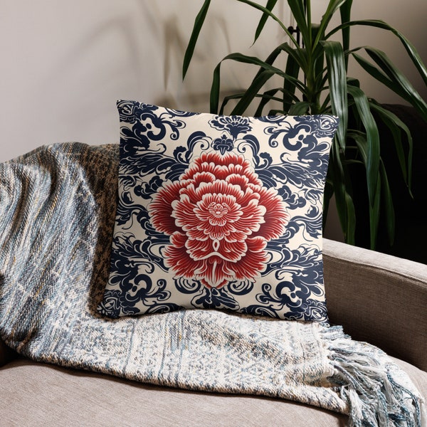 Harmony Blooms: Heavy Linen Feel Chinese Floral Pattern Throw Pillow
