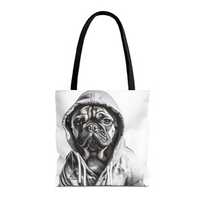 Tote Bag (AOP)pug shopping bag, pug lover tote, pug lover products, pug lover gifts, funny pug shopping bag, gangster bag, dog lover gift