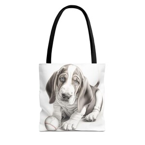 Bassett Hound Puppy Tote Bag - Small, Medium, Large Sizes - Cute Dog Design, Ball, Dog Lover Gift, Pet Owner Present, Animal Print Accessory
