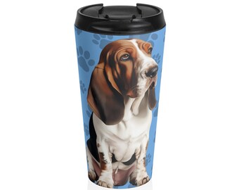 Tazza da viaggio in acciaio inossidabile con illustrazione di Basset Hound / Sfondo con impronta di zampa