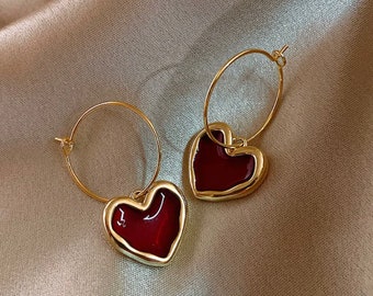 Handmade Burgundy Enamel Heart Earrings for Women, Gold Metal Love Heart Hanging Drop Earrings, Vintage Jewelry, Gift For Her