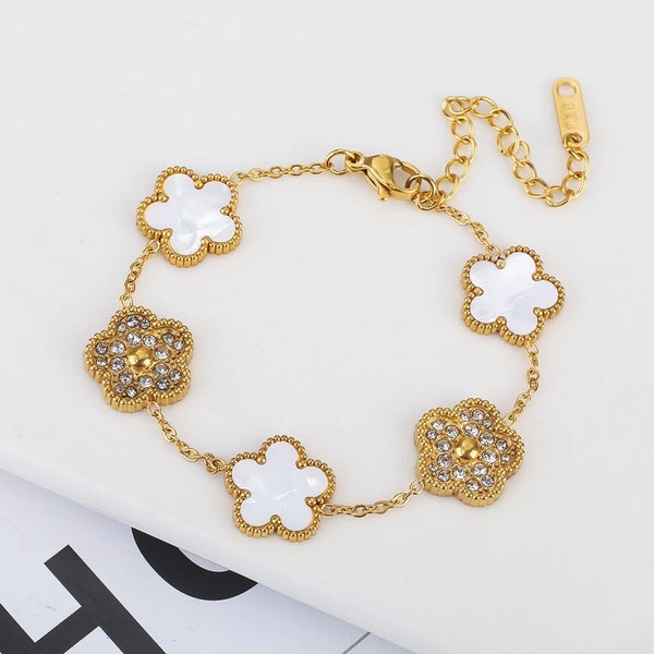 High Quality Luxurious Handmade Adjustable Gold Stainless Steel Stone Clover Flower Bracelet, Women's Jewellery, Gift For Her