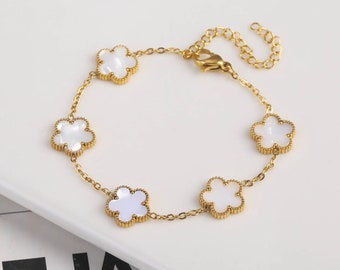 High Quality Luxurious Handmade Adjustable Gold Stainless Steel Clover Flower Bracelet With Five Flowers Women's Jewellery, Gift For Her