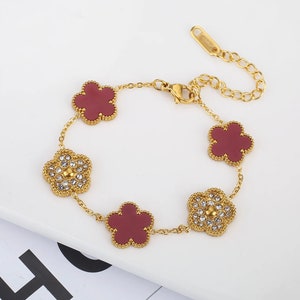 High Quality Luxurious Handmade Adjustable Gold Stainless Steel Stone Clover Flower Bracelet, Women's Jewellery, Gift For Her Maroon