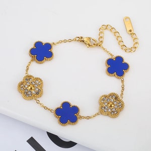 High Quality Luxurious Handmade Adjustable Gold Stainless Steel Stone Clover Flower Bracelet, Women's Jewellery, Gift For Her Blue