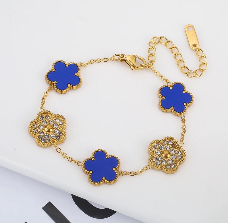 High Quality Luxurious Handmade Adjustable Gold Stainless Steel Stone Clover Flower Bracelet, Women's Jewellery, Gift For Her Blue