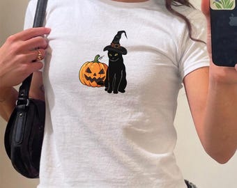 Trendy 90s Black Cat Halloween Baby Tee