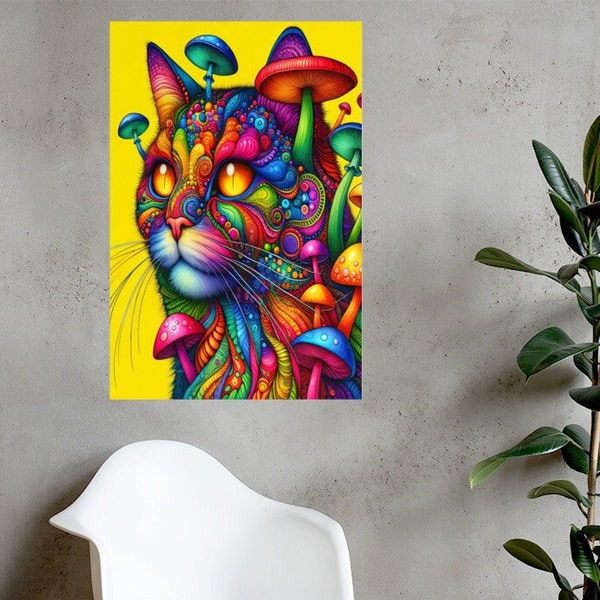 Psychedelic Cat Poster - Colorful, Abstract Art Print for Cat Lovers, Bohemian Wall Decor, Unique Hippie Cat Artwork