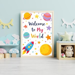 Conjunto de pósteres "Bienvenido a mi mundo", paquete de arte mural para habitación infantil con temática espacial.